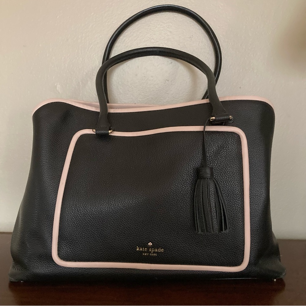 Kate Spade “Evangeline” Leather Tote With Tan Leather Piping